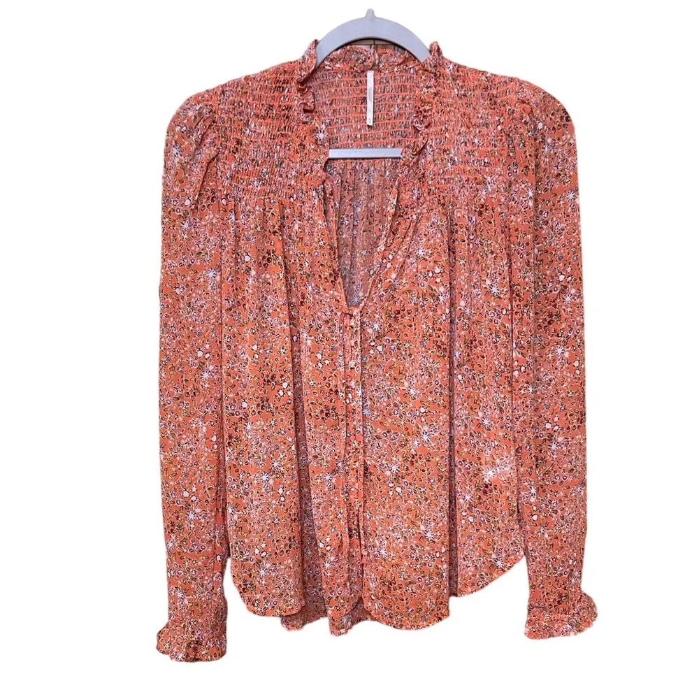 Free People Orange Floral blouse button down with tie Small EUC - Picture 1 of 5